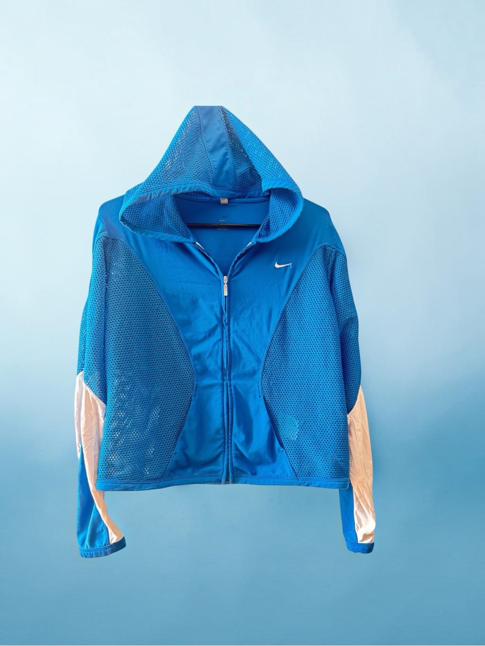 Nike Blue Hooded Bomber Jacket with Cream Sleeve Panels M